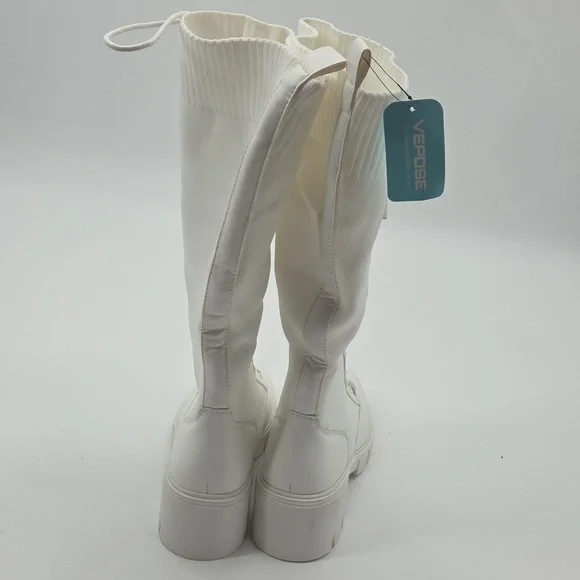 Women's White Knee-High Lace-Up Boots PU and Knit Material New - Picture 13 of 16